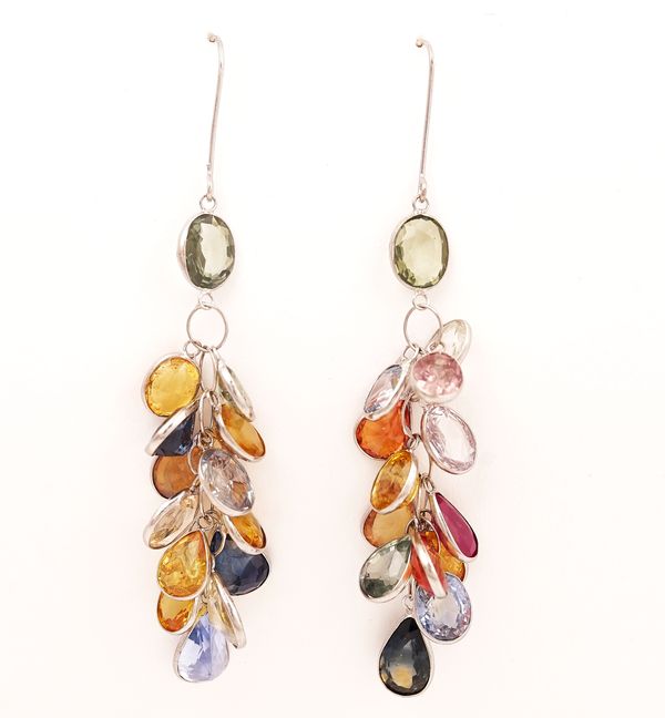 A PAIR OF WHITE GOLD, RUBY AND VARICOLOURED SAPPHIRE PENDANT EARRINGS