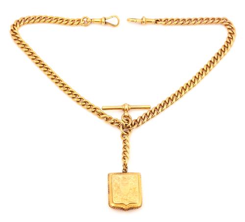 A 9CT GOLD CURB LINK WATCH ALBERT CHAIN