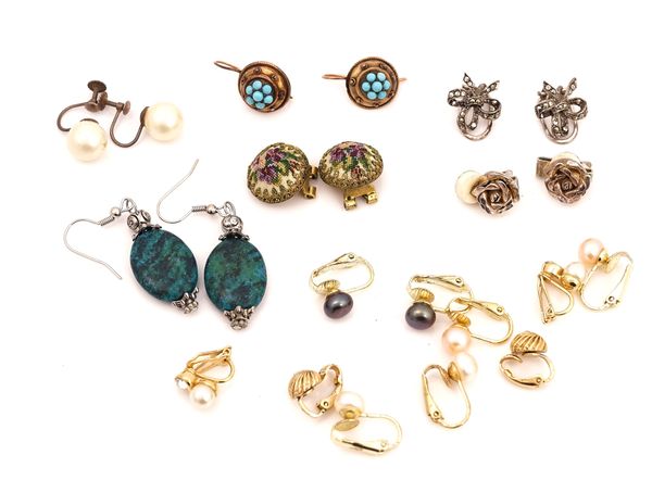 A PAIR OF VICTORIAN PALE BLUE GEM SET EARRINGS AND TEN FURTHER PAIRS OF EARRINGS (11)