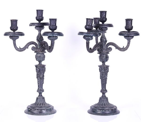 MAITLAND-SMITH;  A PAIR OF SPELTER FOUR-LIGHT LOUIS XVI STYLE CANDELABRA (2)