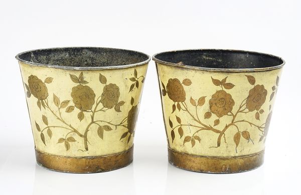 A PAIR  OF CREAM PAINTED AND GILT DECORATED TOLE PEINTE JARDINIERES