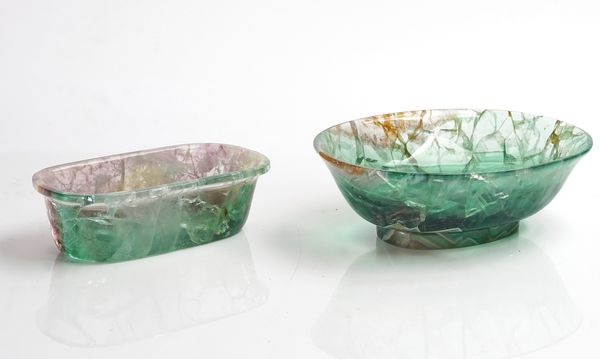 TWO FLUORITE  CRYSTAL ORNAMENTAL DISHES (2)