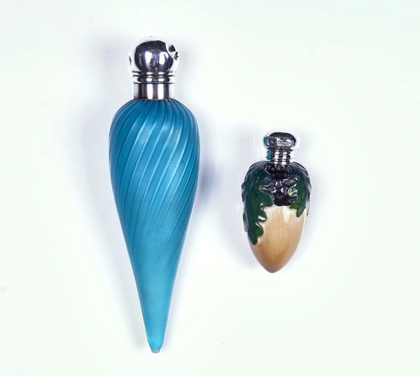 A GEORGE V SILVER MOUNTED PORCELAIN NOVELTY 'ACORN' SCENT BOTTLE AND ANOTHER (2)