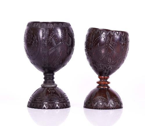TWO CARVED COCONUT CUPS