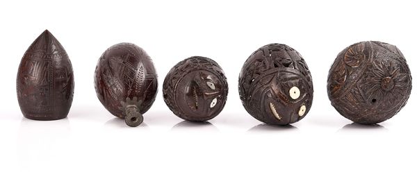 A CARVED COCONUT CUP AND FOUR OTHERS
