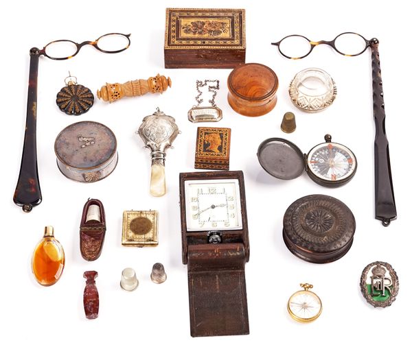 A JAEGER LE-COULTRE 8-DAY TRAVEL CLOCK, TWO PAIRS OF TORTOISESHELL FOLDING SPECTACLES AND OTHER ITEMS (23)
