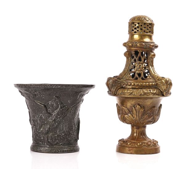 AFTER THE ANTIQUE; A PATINATED BRONZE  VASE AND A BRASS INCENSE BURNER (2)