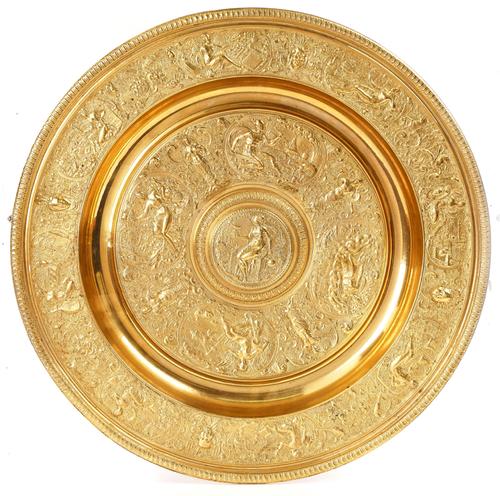 A GILT-METAL COPY OF THE 'TEMPERANTIA' BASIN AND A FORMERLY GILT PLATED 17TH CENTURY STYLE CASKET