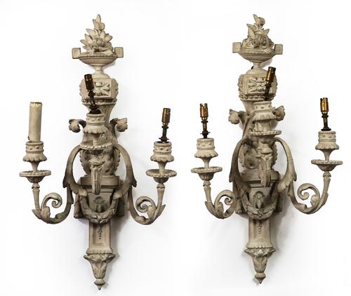 A PAIR OF VICTORIAN WHITE PAINTED COMPOSITION THREE-BRANCH WALL LIGHTS