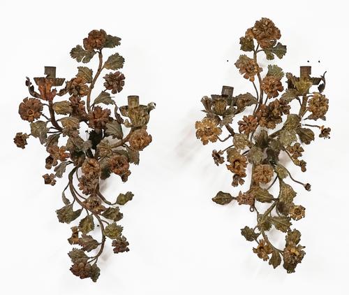 A PAIR OF NORTH ITALIAN POLYCHROME WIRED-CARD WALL LIGHTS