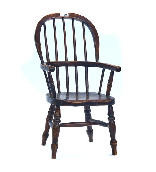 A LATE 19TH CENTURY ASH AND ELM CHILD’S STICK BACK WINDSOR CHAIR