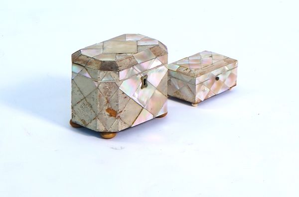 AN EARLY 19TH CENTURY MOTHER-OF-PEARL VENEERED RECTANGULAR TEA CADDY A.F.