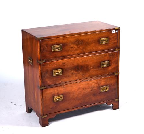 A CAMPAIGN STYLE BRASS BOUND YEW WOOD CHEST