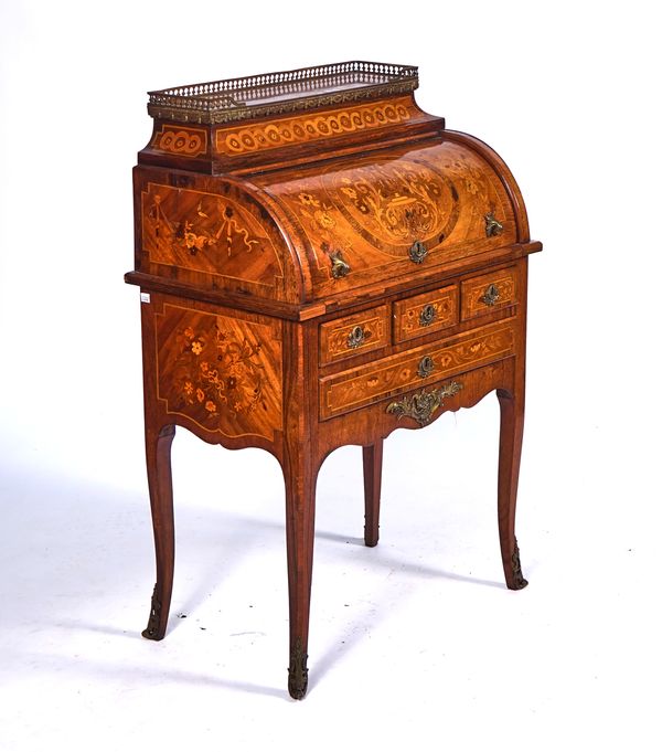 A LATE 19TH CENTURY INLAID ROSEWOOD MARBLE TOP LADY’S WRITING BUREAU