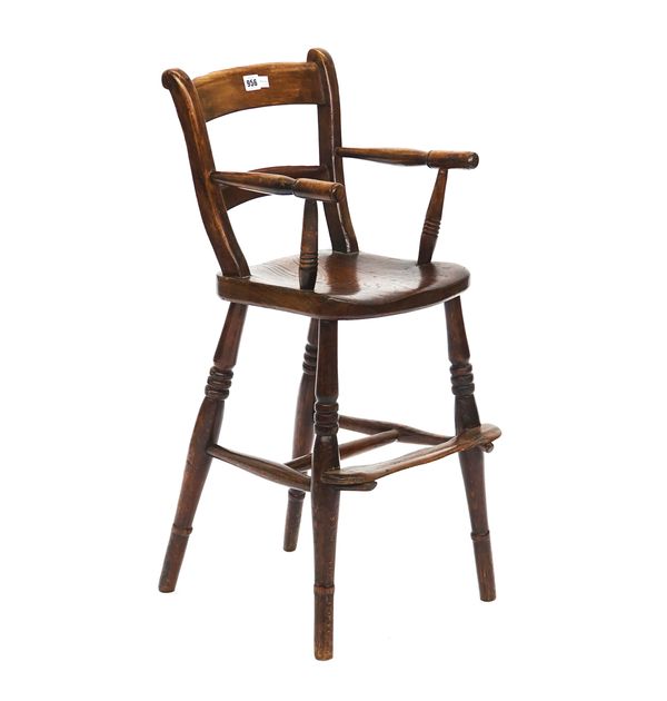 A LATE 19TH CENTURY ELM SEATED CHILD'S BAR BACK HIGH CHAIR