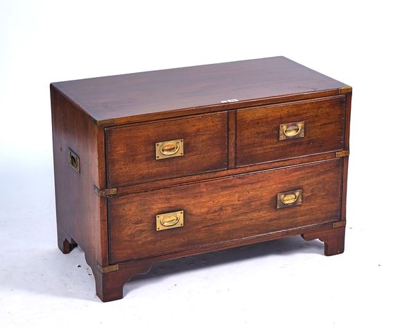 A CAMPAIGN STYLE BRASS BOUND YEW WOOD LOW CHEST