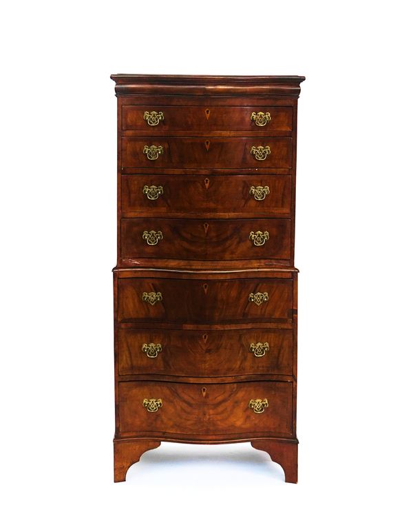A SMALL MID-18TH CENTURY STYLE WALNUT SERPENTINE CHEST ON CHEST