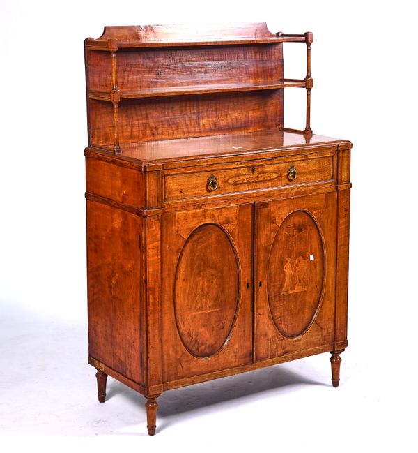 A 19TH CENTURY MAHOGANY CHIFFONIER WITH PEN WORK DECORATION
