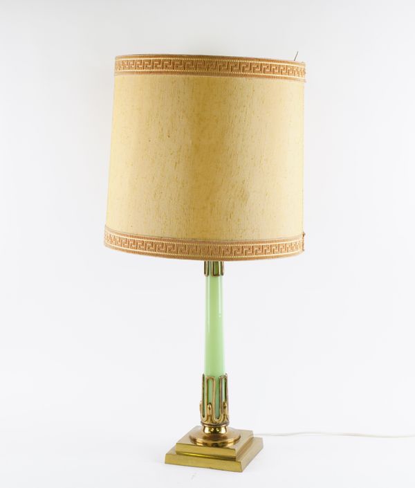 A VICTORIAN GILT-BRASS MOUNTED GREEN OPALINE GLASS TABLE LAMP