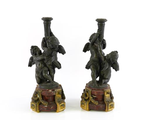 A PAIR OF FRENCH PATINATED SPELTER AND GILT-METAL MOUNTED ROUGE GRIOTTE MARBLE TABLE LAMPS (2)