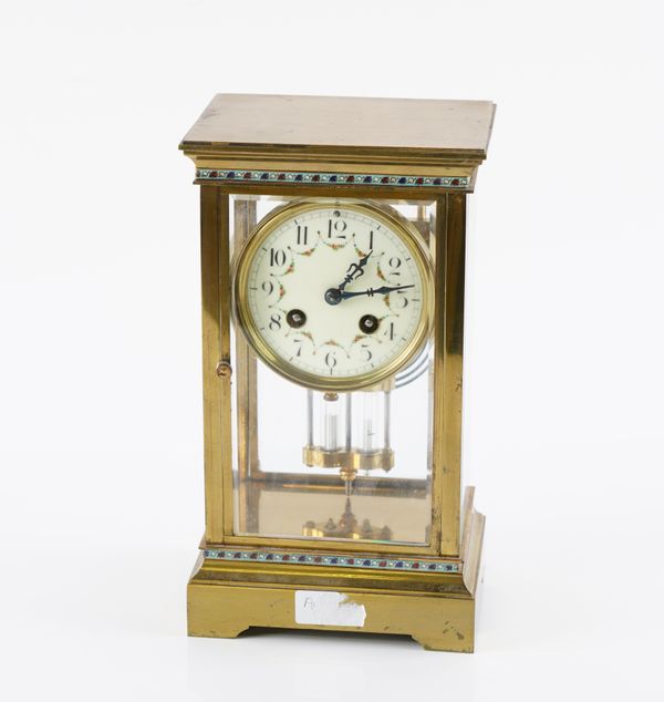 A FRENCH BRASS AND CHAMPLEVE ENAMEL FOUR GLASS REGULATOR MANTEL CLOCK