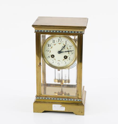 A FRENCH BRASS AND CHAMPLEVE ENAMEL FOUR GLASS REGULATOR MANTEL CLOCK