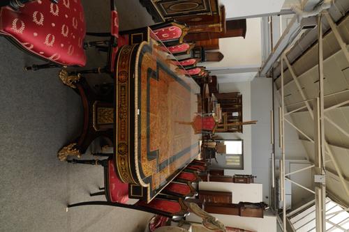 A LOUIS XIV STYLE FAUX BOULLE TWIN PEDESTAL DINING TABLE