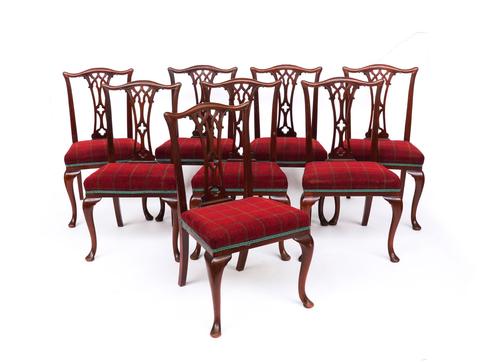 A SET OF EIGHT MAHOGANY FRAMED PIERCED SPLAT BACK DINING CHAIRS (8)