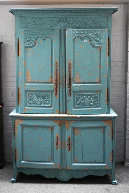 AN EARLY 19TH CENTURY FRENCH LATER BLUE PAINTED DOUBLE HEIGHT DRESSER