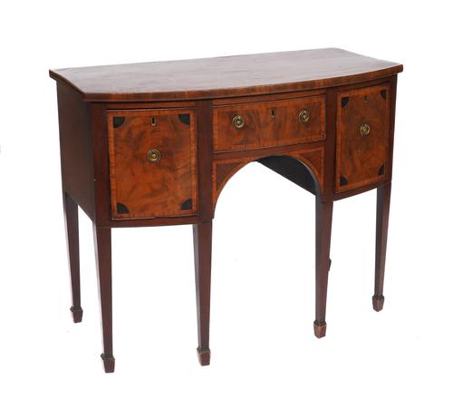 A SMALL GEORGE III INLAID MAHOGANY BOWFRONT SIDEBOARD