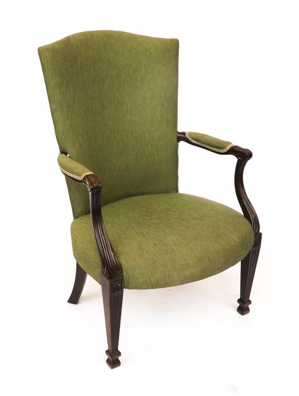 A GEORGE III STYLE MAHOGANY FRAMED OPEN ARMCHAIR