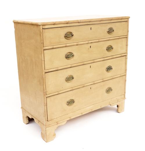 A 19TH CENTURY FAUX SPLIT BAMBOO MOUNTED, LATER PAINTED CHEST OF DRAWERS