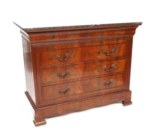 A LOUIS PHILIPPE MAHOGANY MARBLE TOPPED FIVE DRAWER COMMODE