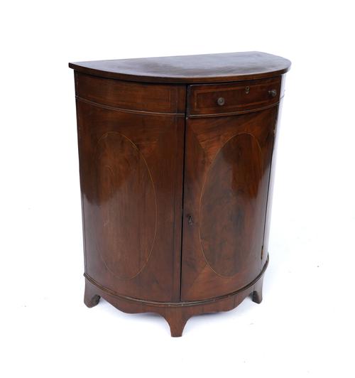 A GEORGE III STYLE INLAID MAHOGANY DEMI-LUNE SIDE CABINET