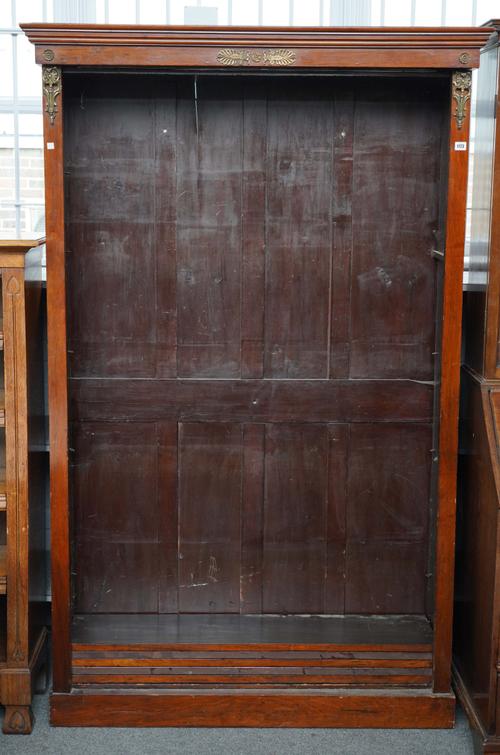 A 19TH CENTURY FRENCH GILT-METAL MOUNTED MAHOGANY FLOOR STANDING MAHOGANY OPEN BOOKCASE