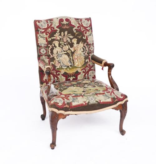 A GEORGE III CARVED MAHOGANY OPEN ARMCHAIR