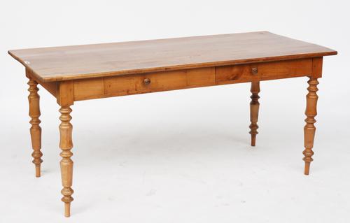 A 19TH CENTURY FRENCH PLANK TOP FRUITWOOD  KITCHEN TABLE