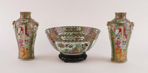 A PAIR OF CANTON FAMILLE-ROSE SLENDER BALUSTER VASES AND A BOWL