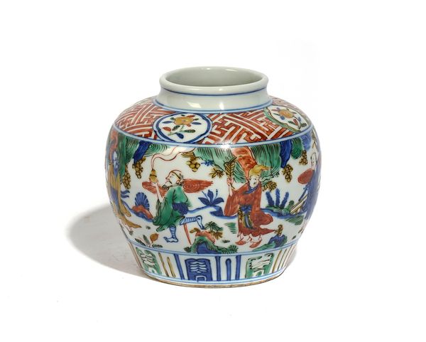 A CHINESE MING STYLE WUCAI OVIFORM `IMMORTALS' JAR