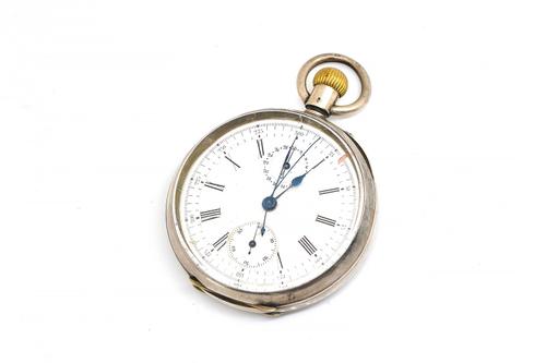 A GENTLEMAN'S SILVER CASED, KEYLESS WIND, OPENFACED CHRONOGRAPH POCKET WATCH