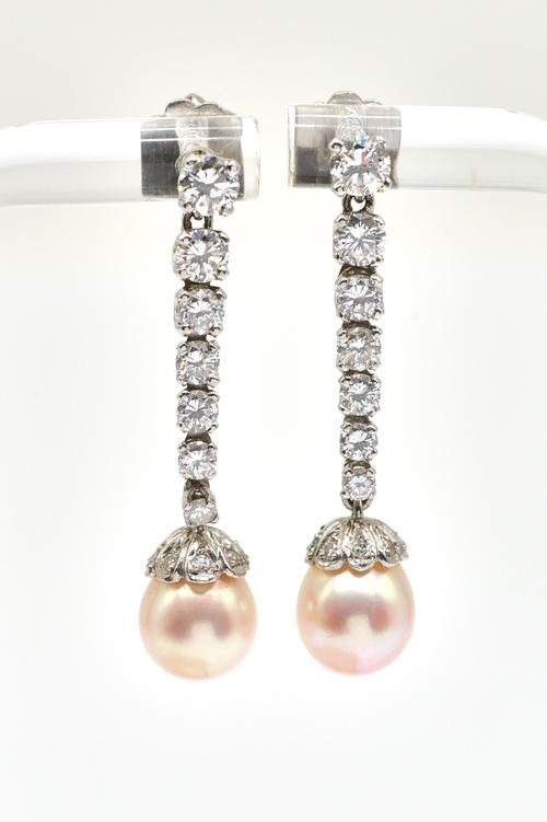 A PAIR OF DIAMOND AND CULTURED PEARL DROP EARRINGS