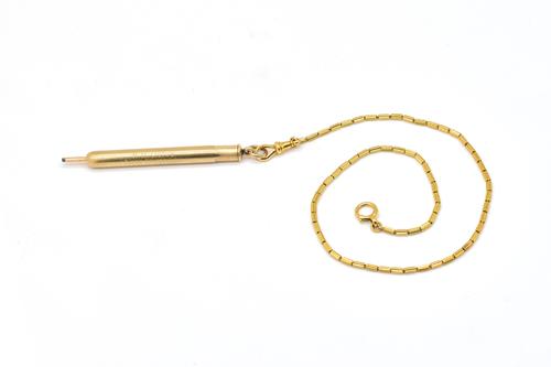 A GOLD DRESS ALBERT CHAIN WITH A GOLD CASED PROPELLING PENCIL (2)