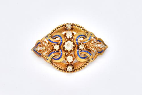 A VICTORIAN GOLD, DIAMOND AND BLUE ENAMELLED BROOCH