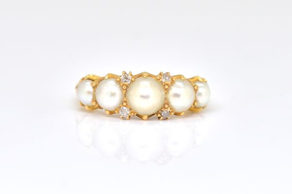A GOLD, DIAMOND AND CULTURED PEARL HALF HOOP RING