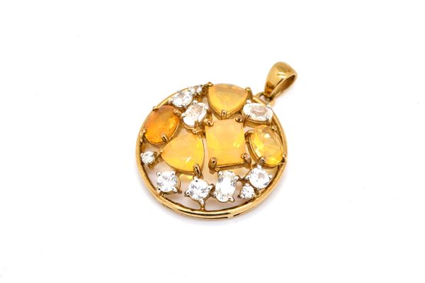 A 9CT GOLD, FIRE OPAL AND COLOURLESS ZIRCON PENDANT