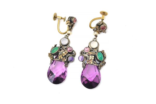 A PAIR OF MAUVE PASTE AND VARICOLOURED GEM SET EARRINGS