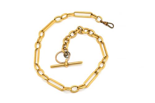 A GENTLEMAN'S GOLD OVAL AND BAR LINK WATCH ALBERT CHAIN