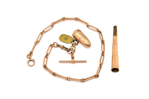 A 9CT GOLD WATCH ALBERT CHAIN WITH TWO PENDANTS (3)