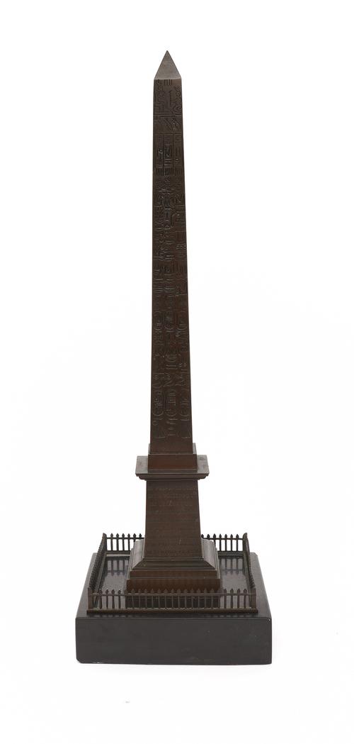 A PATINATED BRONZE MODEL OF THE LUXOR OBELISK WITH INSCRIPTION DATED 1836