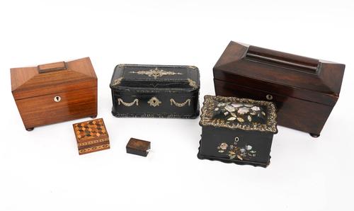 A GROUP OF FOUR 19TH CENTURY TEA-CADDIES AND TWO SMALLER BOXES (6)